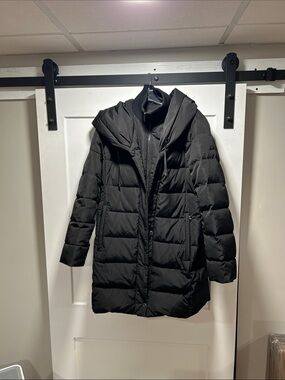 Donna Karan Black Long Quilted Hooded Puffer Coat